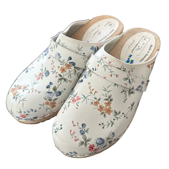 Moheda Swedish Sweden Linnea White Floral Leather Clogs Mules Womens New 40 - Picture 4 of 14